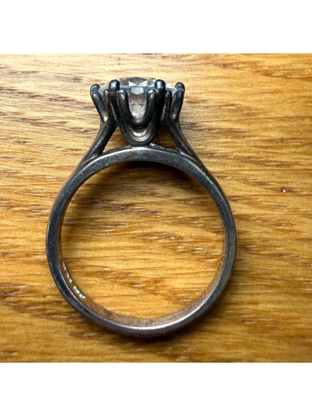 VTG Sterling Silver Solitaire Ring With Round Clear Stone Patina Finish Size 9